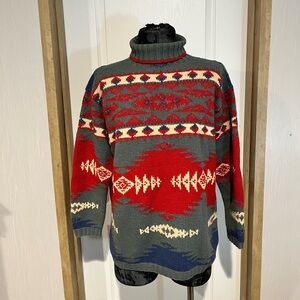 Ralph Lauren Red and Gray Patterned Turtleneck Sweater